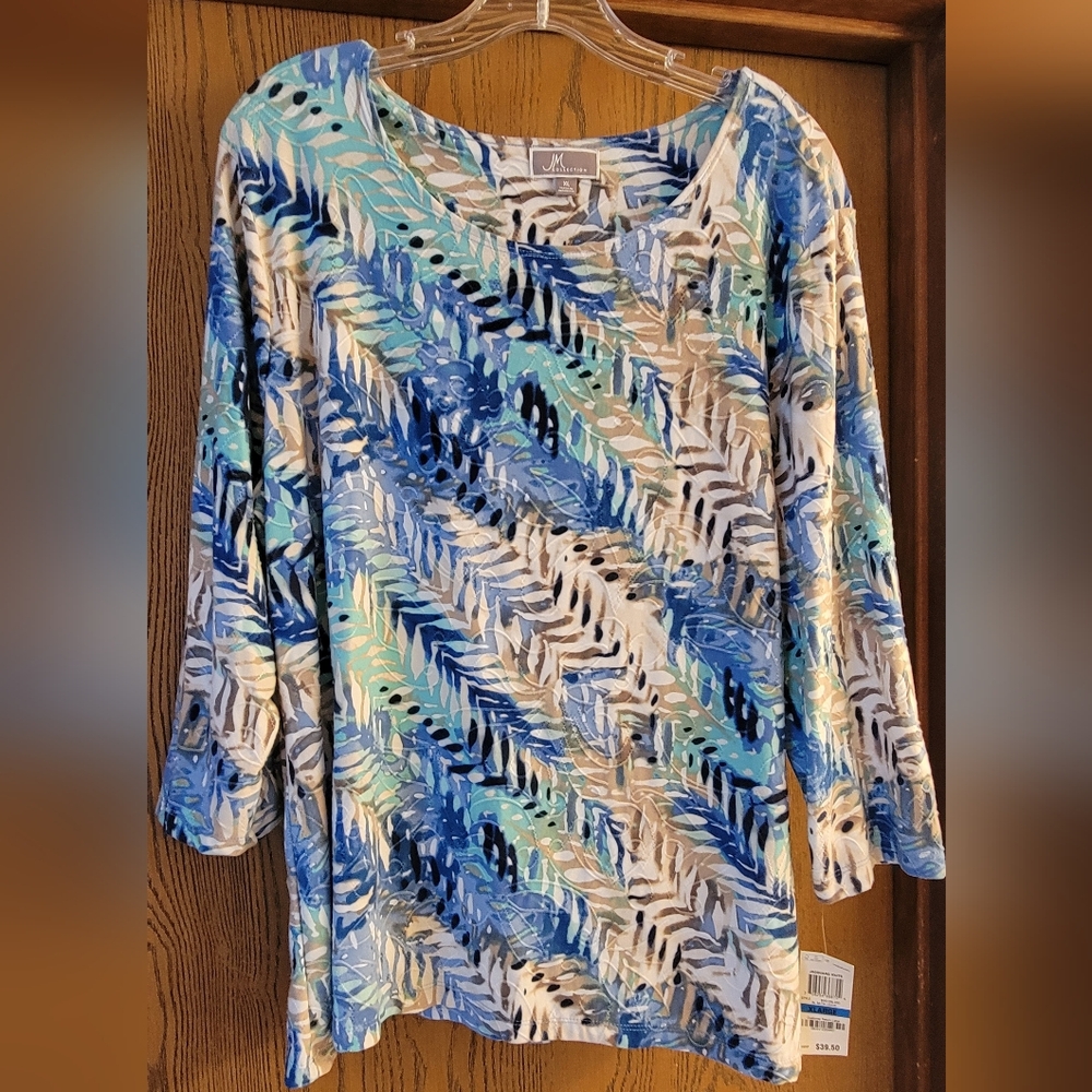 JM Collection BL Batik Leave pattern 3/4 length sleeve, round neck top NWT.
